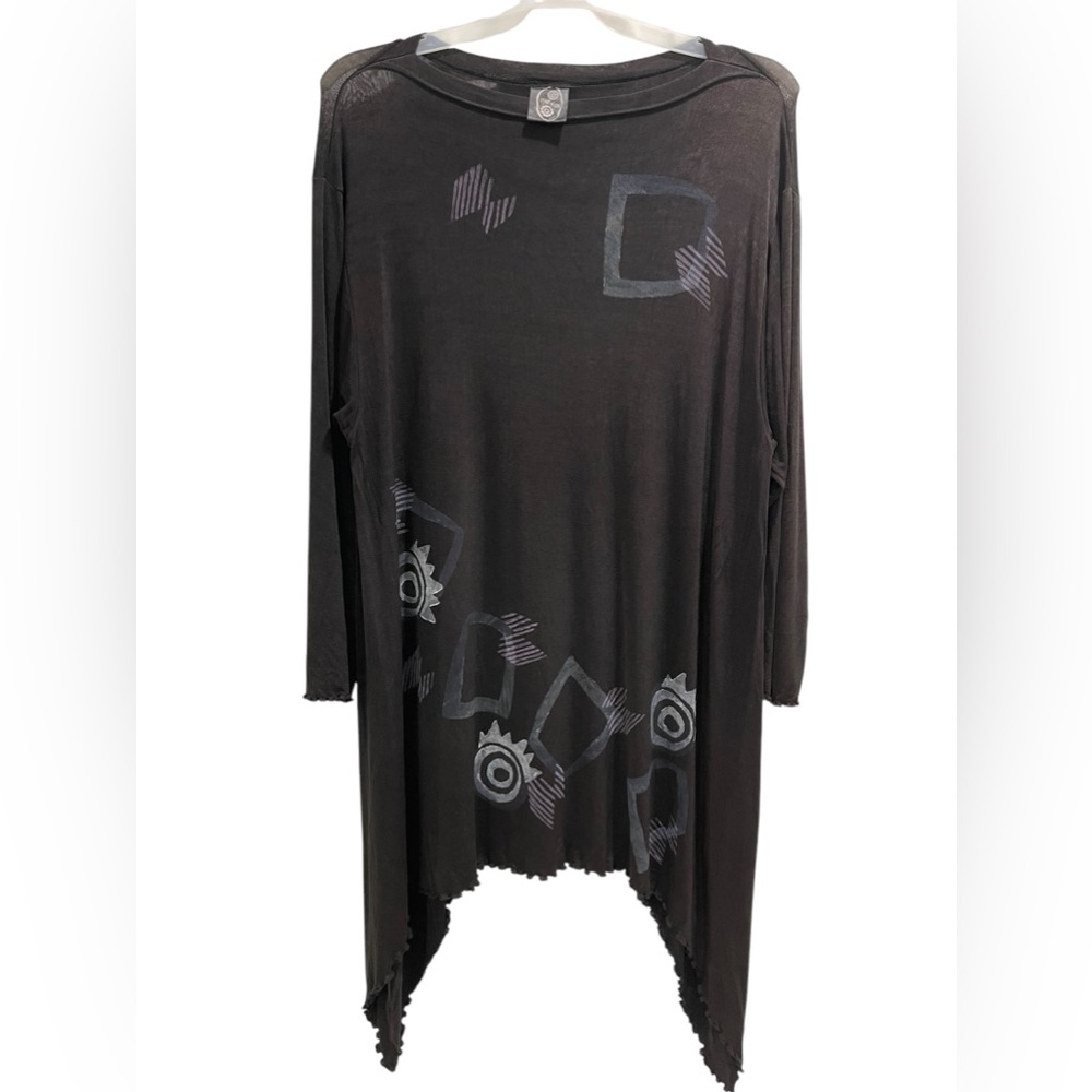 Blue Fish Vintage Rare Tunic Top Stretchy Black Dark Brown Bohemian Art Size 1
